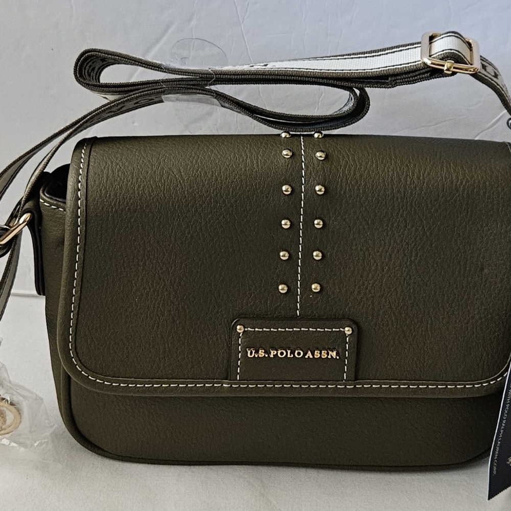 U.S. Polo Assn Olive Studded Crossbody Bag Gold Hardware Adjustable Strap NWT